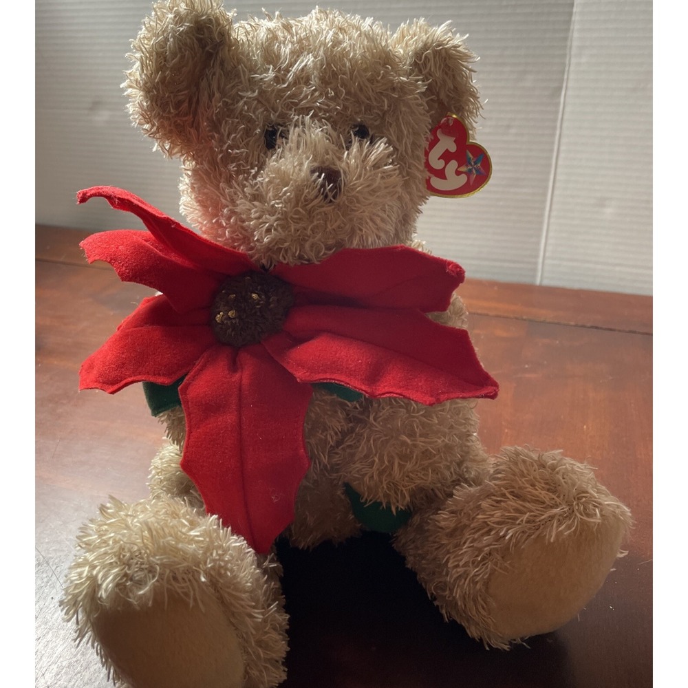 Vintage Ty 2005 Teddy Bear Plush Poinsettia Christmas 13" Beanie Buddy Retired